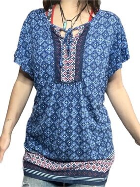 Y2K Dalia Boho Embroidered Tie Front Tunic Size XL length 30”